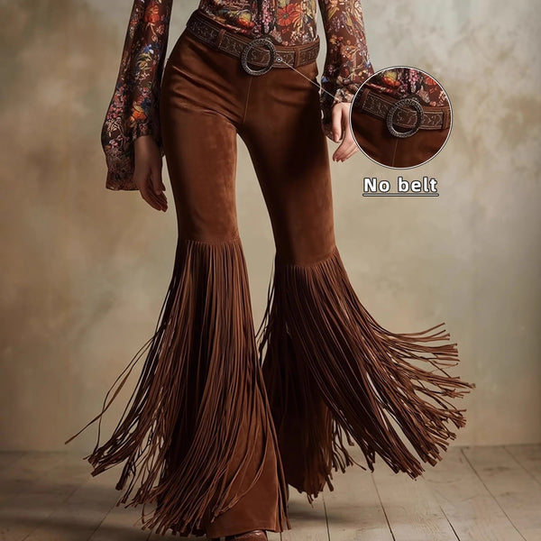 Women's Brown Flared Pants for Spring, Western-style Retro Trousers with Fringe Details, Available in Black, White, Burgundy.