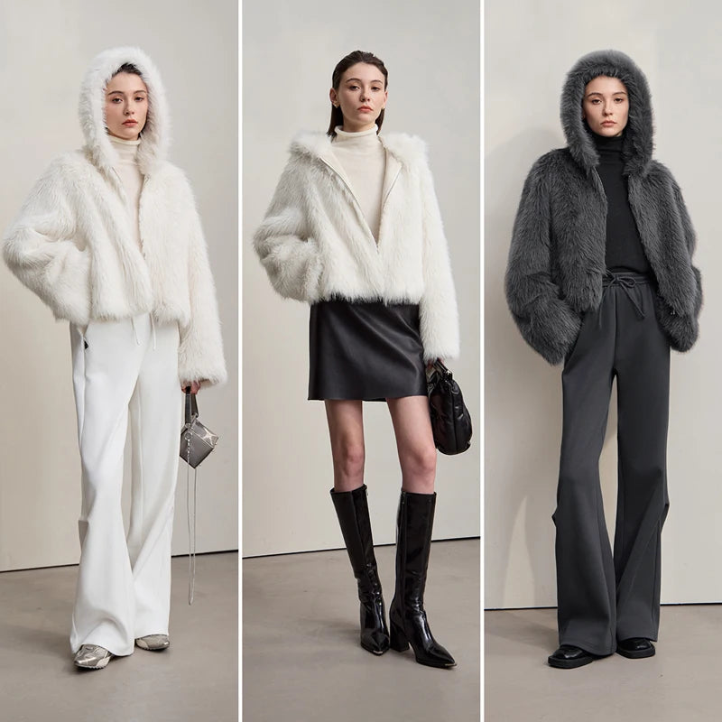 AMII Woman Faux Fur Coat 2026 New Coats Winter Warm Loose Hooded Long Sleeves Elegant Soft Women's Outerwear Jackets 12524016