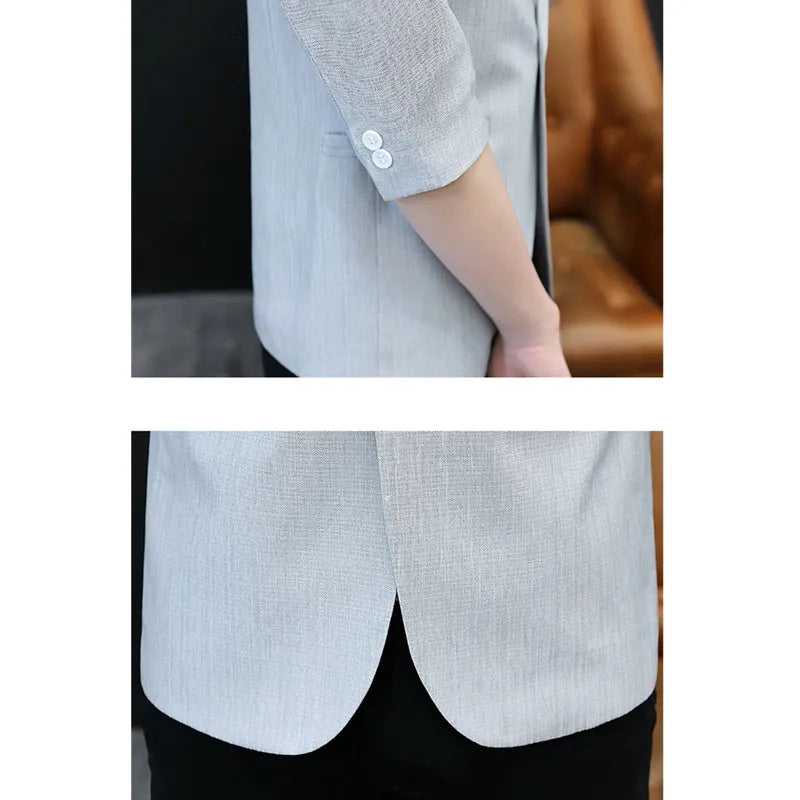 2026 New Thin Section Men's Linen Seven-quarter Sleeve Blazer, Fashionable Slim Summer Jacket, Beige Gray Light Green Optional