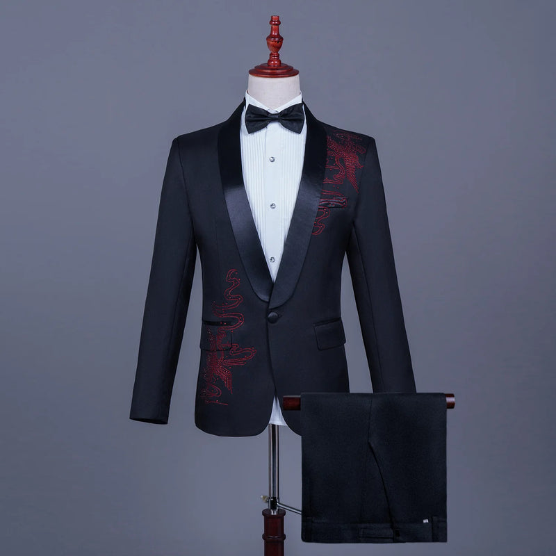Men's Black Tuxedo Set with Diamond Embellished Jacket and Matching Trousers in White for Choirs/Stage Performances/Weddings