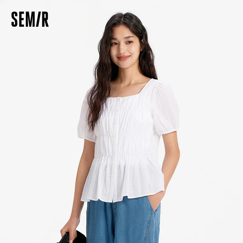 Semir Womens Shirt 2026 Short Sleeve Square Neck Puff Sleeve Cotton Slim Tops Elegant Style Soft Comfortable Daily Wear
