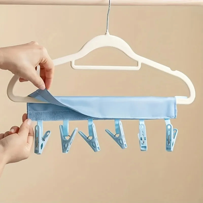 2pcs Portable Travel Fabric Clothes Hanger with 6 Clips- Foldable, Space-Saving Drying Rack for Socks,Small Garments.