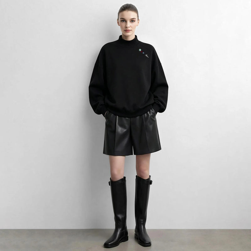 Amii Women Sweatshirts 2026 New Arrival Autumn Embroidery Fabric Mock Neck Long Sleeve Color Block Oversized Women Top 12623057