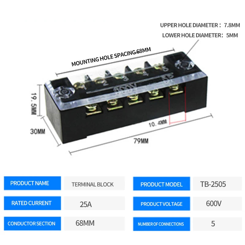 15A/25A/45A 3/4/6/8/10/12 Dual Row Barrier Screw Terminal Block Strip Wire Connector 600V Positions Optional