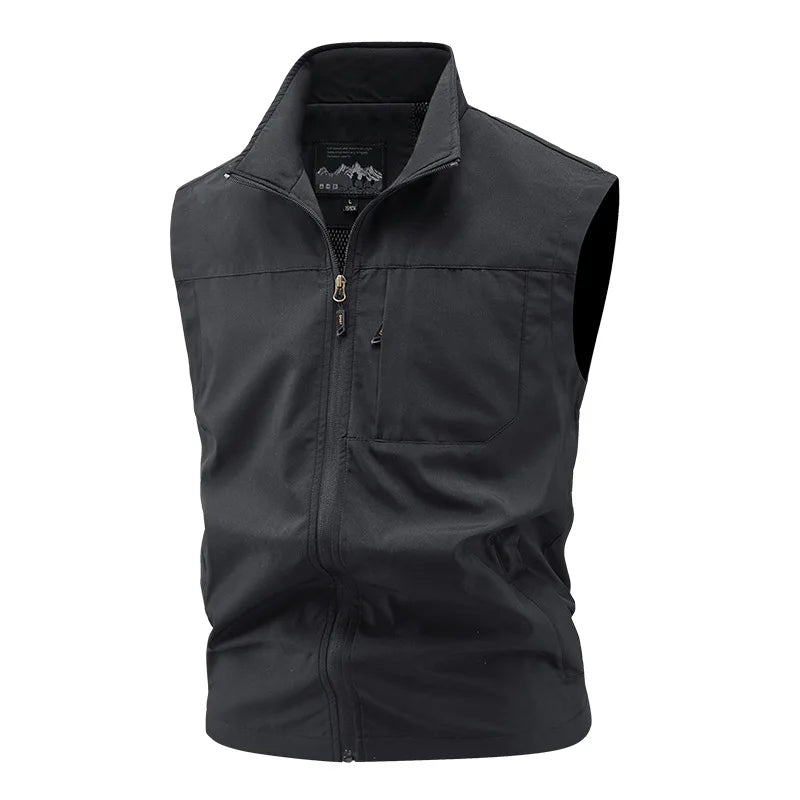 Men's Red Sleeveless Vest Jacket, Perfect for Summer Fishing or Casual Wear, Available in Blue, Black, Green, Beige, and Gray.