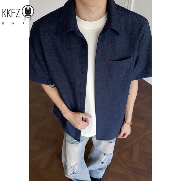 Men Loose Oversized Short Sleeve Button Shirt Lapel Collar Linen Blend Weave Chest Pocket For Summer Street Leisure