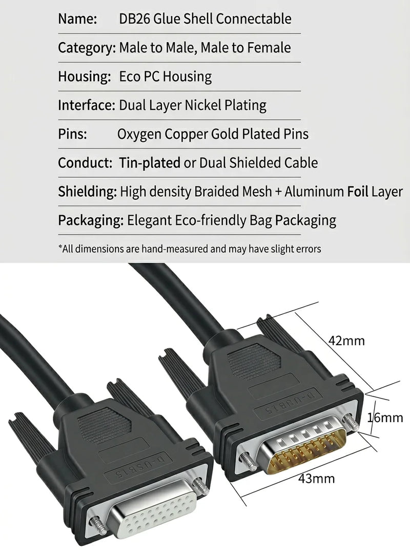 DIVEDEER Industrial Grade DB26 Extension Cable 3-Row 26-Pin Male to Male & Male to Female Data Cable 26-Core Signal Control Line