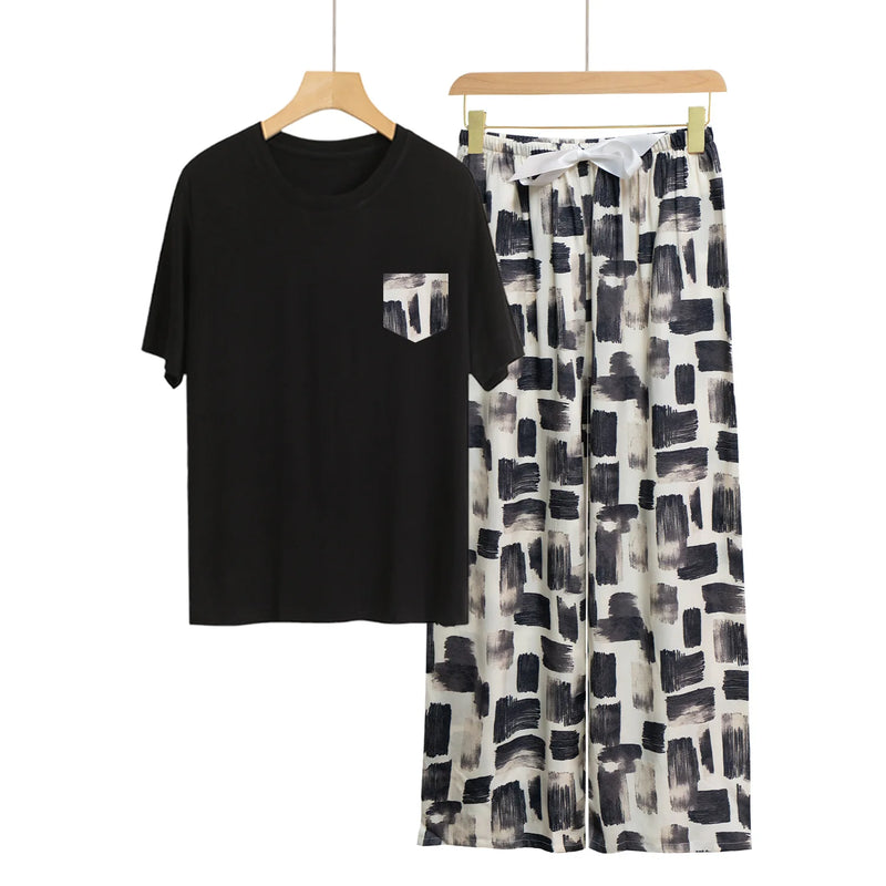 Fashion Printed Short Sleeve Straight Pants Set New Modal Comfort Woman Pajamas Loose Women's Home Clothes Spring Summer Pijama
