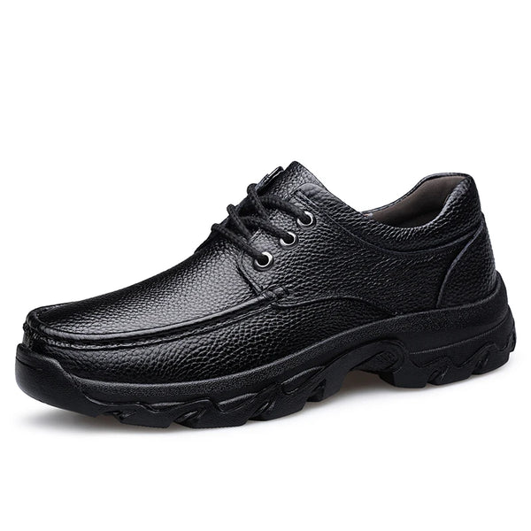 Men Black Genuine Leather Shoes Sturdy Hard Thick Rubber Sole Non‑Slip Casual Business Shoes Lace‑Up Durable Outdoor Work