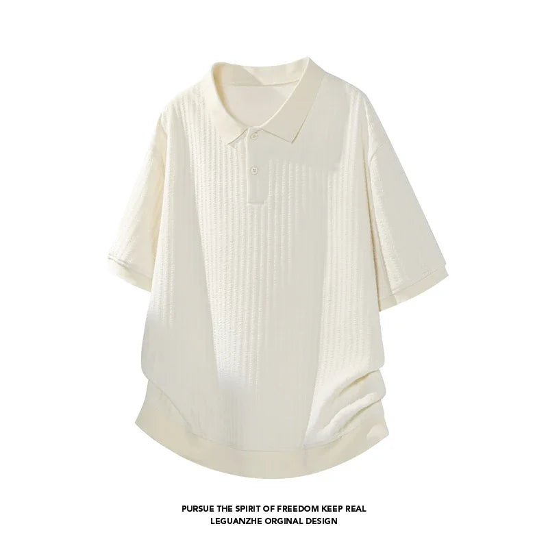 Male Summer Polo Collar Short Sleeve Shirt Vertical Woven Jacquard Cloth Relaxed Silhouette For Outdoor Travel Matching