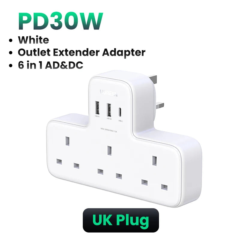 UGREEN UK Plug Power Strip Outlet Extension Adapter For iPhone 17 16 Pro Max Xiaomi Wall Fast Charger AD DC Travel Adapter