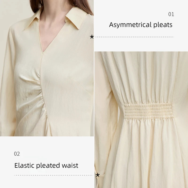 Amii Women's Dresses 2026 Autumn New Holiday Style V-neck Lapel Asymmetrical Pleated Dress Slim A-Line Female Dress 12641049
