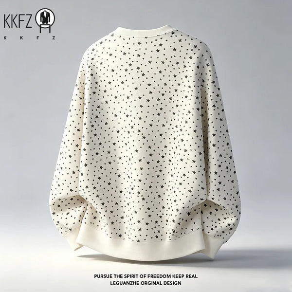 Mens Long Sleeve Crew Neck Star Print Pullover Soft Fleece Relaxed Fit Fabric Casual Street Top For Autumn