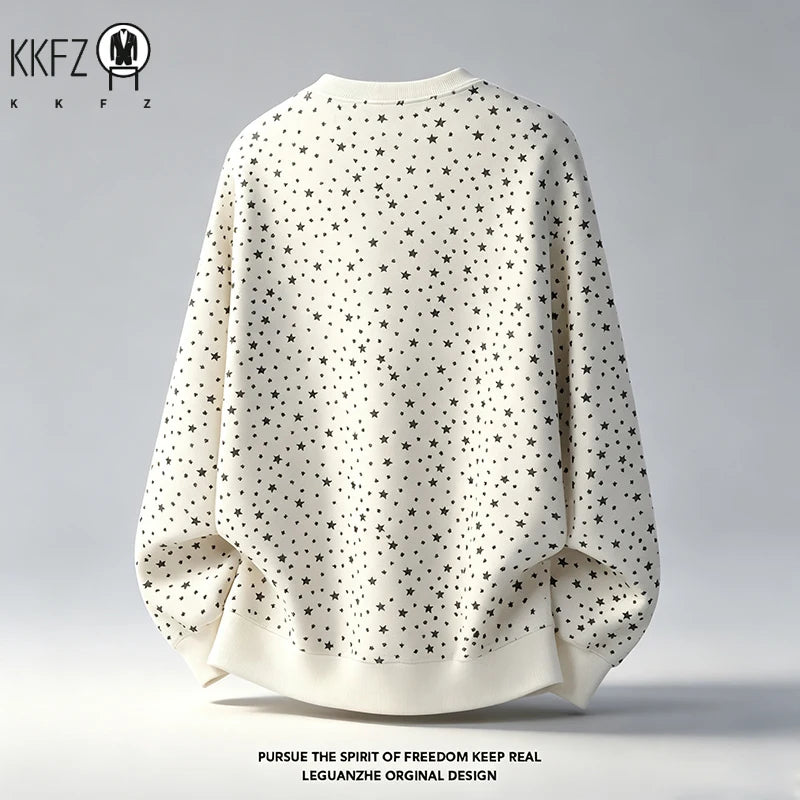 Mens Long Sleeve Crew Neck Star Print Pullover Soft Fleece Relaxed Fit Fabric Casual Street Top For Autumn