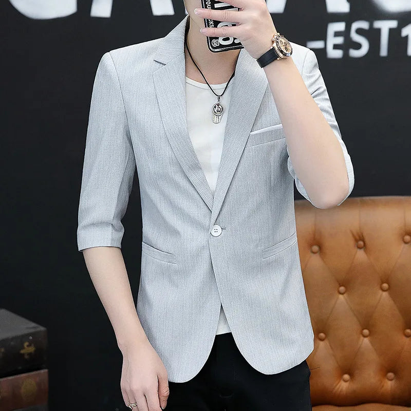 2026 New Thin Section Men's Linen Seven-quarter Sleeve Blazer, Fashionable Slim Summer Jacket, Beige Gray Light Green Optional