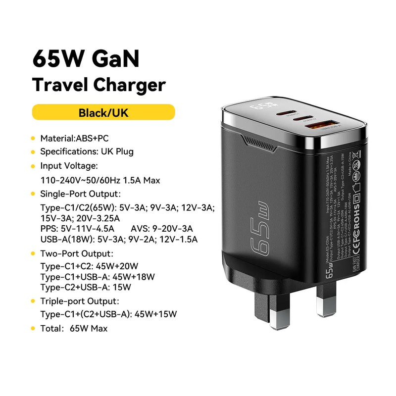 ឆ្នាំងសាក Essager 65W GaN USB Type C អេក្រង់ឌីជីថល QC 4.0 PD 3.2 PPS 45W សាកលឿនសម្រាប់ Samsung Huawei IPhone17 កុំព្យូទ័រយួរដៃ MacBook