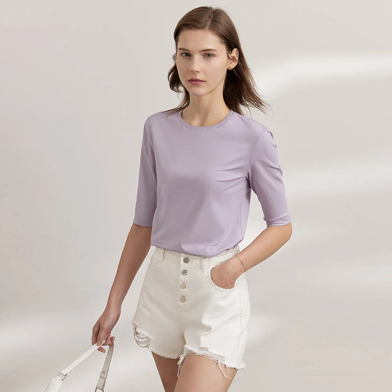 អាវយឺត AMII Minimalism រដូវក្តៅ 2026 សម្រាប់ស្ត្រី អាវកប្បាសថ្មី លាត ដៃអាវពាក់កណ្តាលត្រង់ មូលដ្ឋានរឹង អាវការិយាល័យសម្រាប់នារី 12412016