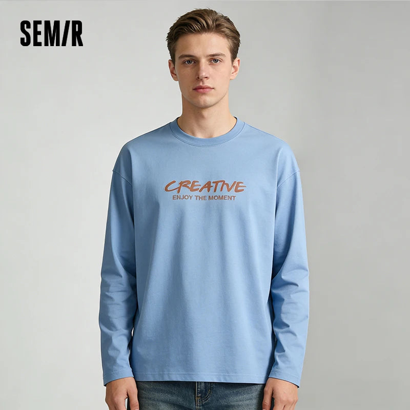 Semir Cotton Tshirt Men 2026 Spring Letter Print Crew Neck Couple Style Casual Black Basic Comfortable Inner Layer Top