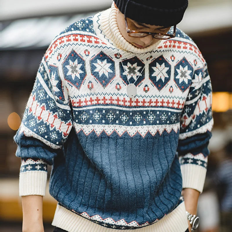 អាវយឺត Maden Vintage Fair Isle ប៉ាក់ពីក្រណាត់ក្តៅសម្រាប់បុណ្យណូអែល អាវយឺតក Turtleneck ប៉ាក់ពីក្រណាត់ក្តៅបែប Barn សម្រាប់រដូវរងារបស់បុរស