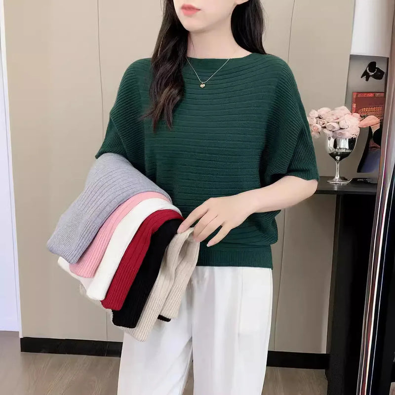 Female Jumper Korean Short Knitted Sweater One-word Collar Top Women's Five-quarter Sleeves Spring Autumn Pullover Shirt