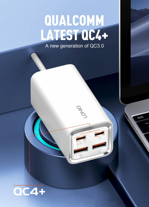 ឆ្នាំងសាក LDNIO 65W GaN USB C ឆ្នាំងសាកលឿនសម្រាប់កុំព្យូទ័រលើតុ 4 ក្នុង 1 សម្រាប់ iPhone 15 14 13 Pro Max Xiaomi Samsung
