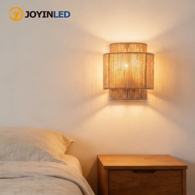 JOYINLED Boho Hand Woven Wall Lamp E27 Hemp Rope Wall Sconces For Bedroom Bathroom Living Room Hallway Vanity Wall Light Fixture