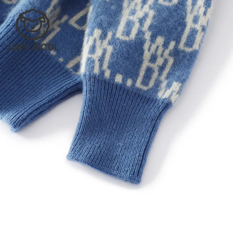 Unisex 100% Wool Sweater, Color Block Jacquard Round Neck, Loose Fit Winter New, High-end Fashionable Warm