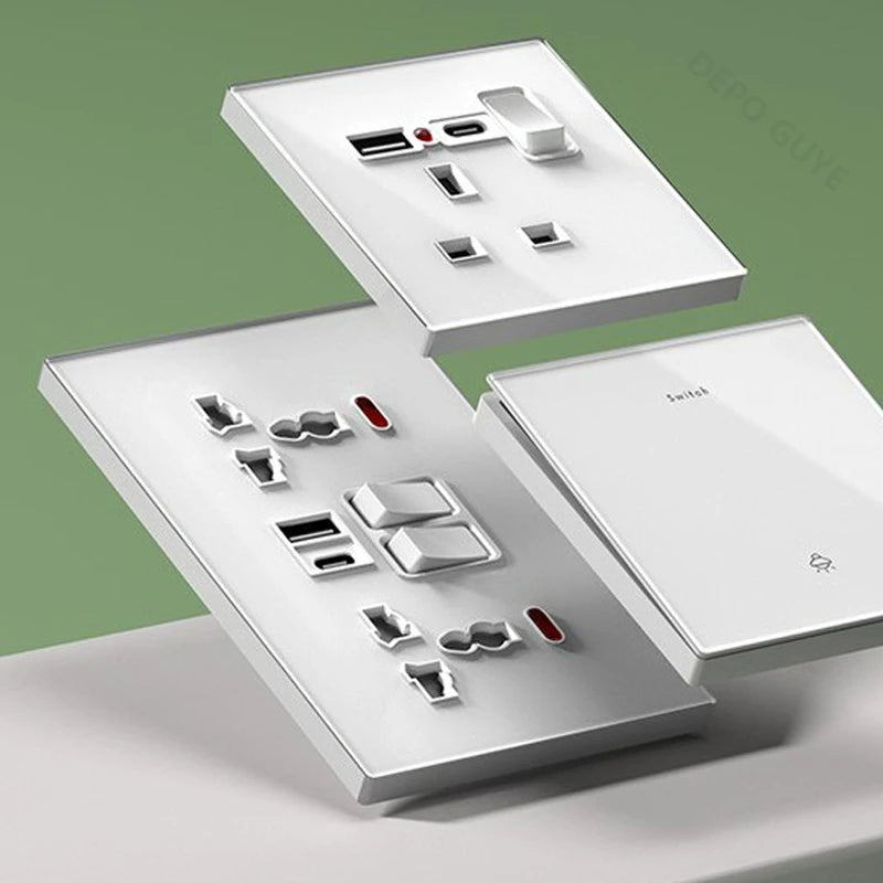 Universal 20W Type-C Wall Quick charge Socket,Dual Switch control Universal Power outlet,White UK Standard USB Interface Socket