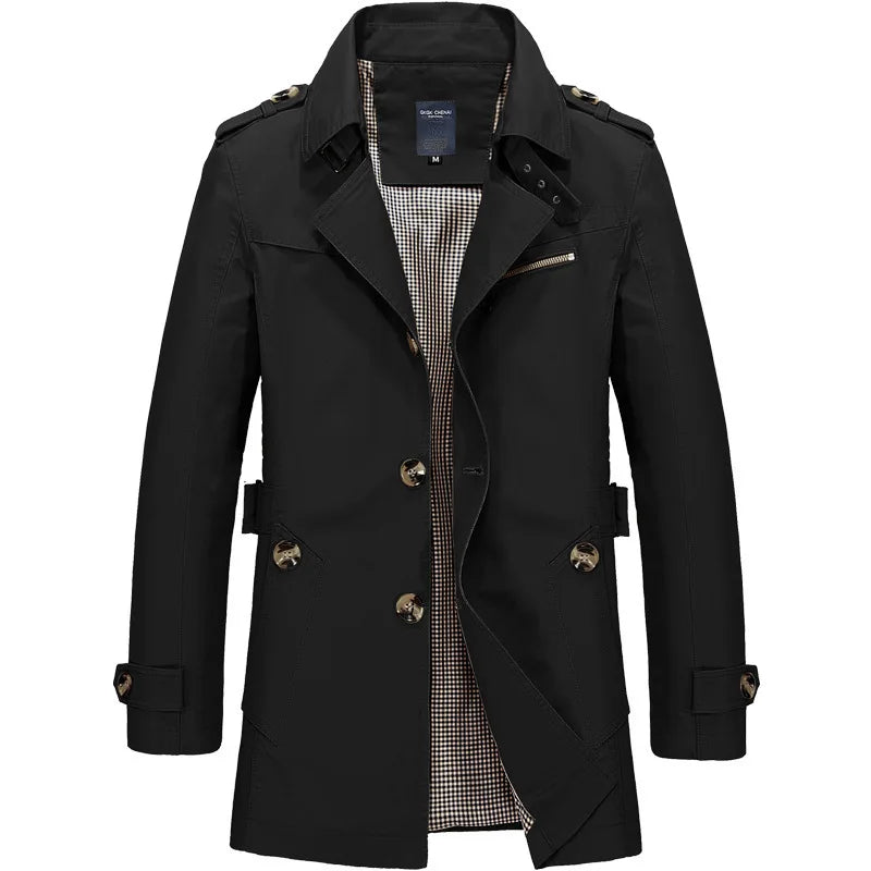 2026 New Men's Khaki Long-Sleeve Jacket, Green Single-Breasted Lapel Coat, Black or Blue Overcoat Available.