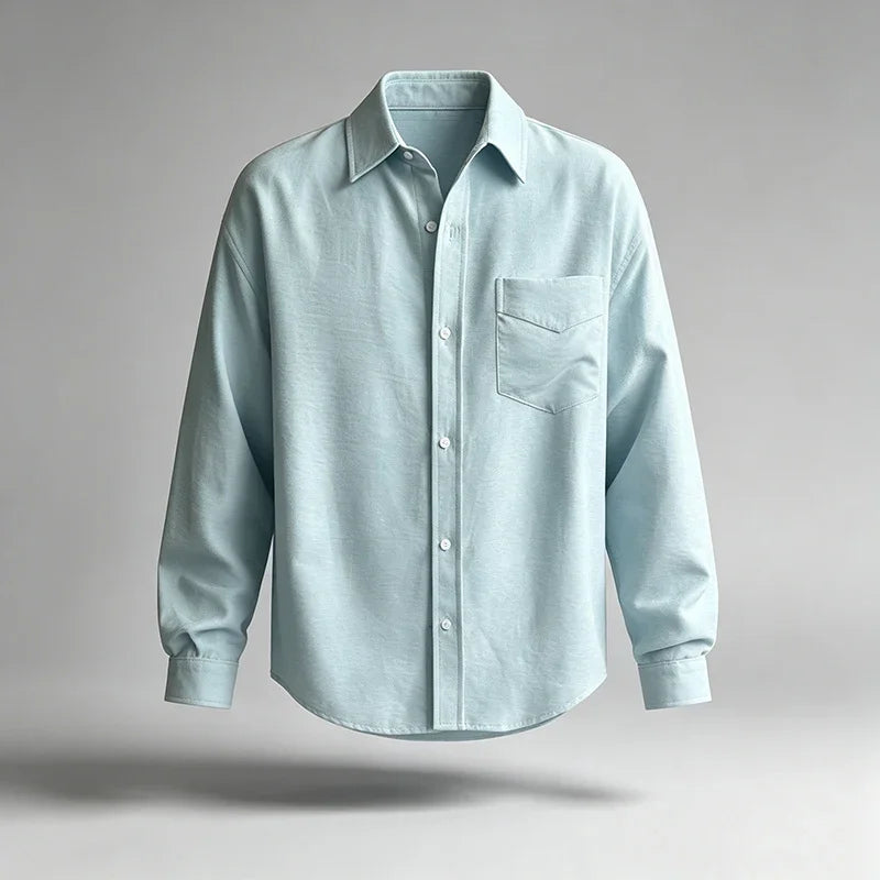 Mens Basic Solid Button Up Shirt Long Sleeve Turn Down Collar Chest Pocket Loose Cut Daily Casual Shirt
