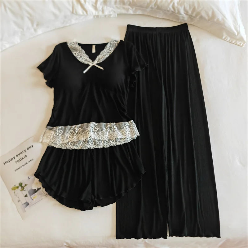 3 Pcs Set New Lace Modal Sleepwear Women Sleep Short Sleeve Shorts Trousers Suit Sweet Gentle Summer Pajamas Lady's Home Clothes