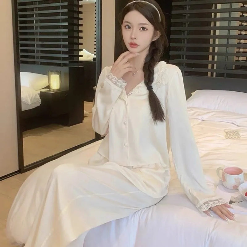 Elegant Sleepwear Women’s Loungewear 2 Pieces Set for Woman Clothes Pajamas New Spring Autumn Long Sleeve Thin Home Clothes Set