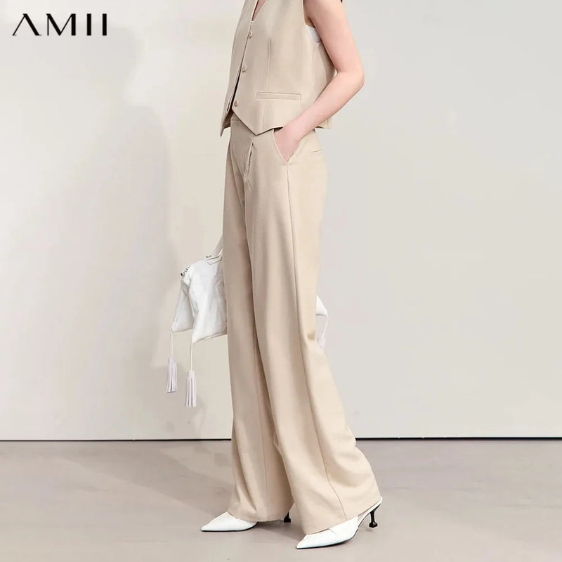 ខោ Amii Minimalism 2026 សម្រាប់ស្ត្រីរដូវស្លឹកឈើជ្រុះថ្មីមូលដ្ឋានជាមួយខ្សែក្រវ៉ាត់ផ្នត់រលុងរឹងធម្មតាខោជាន់ស្ត្រី 12453007