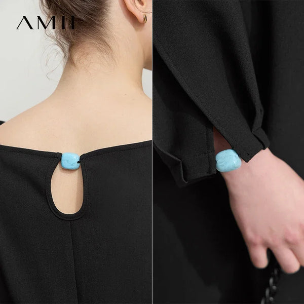 Amii Minimalist Womens Dresses 2026 Autumn New Round Neck Lantern Sleeve Solid Elegant Slim Thin Commute Dresses 12511008