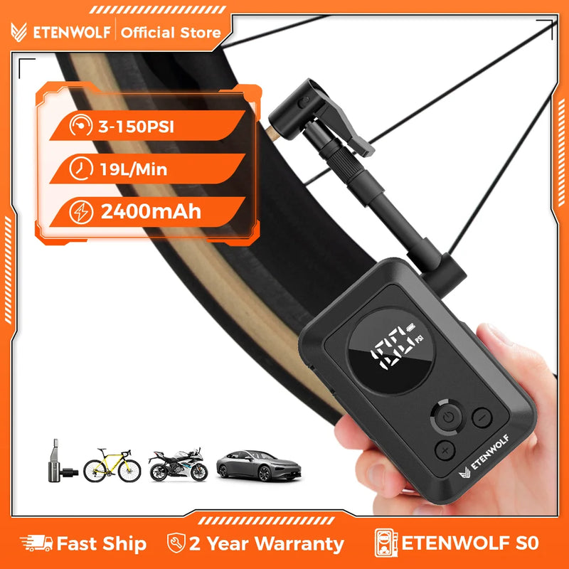 ស្នប់កង់អគ្គិសនី ETENWOLF S0 បំប៉ោងលឿន ស្នប់ខ្យល់ដ៏មានអានុភាព និងងាយស្រួលយកតាមខ្លួន 150PSI 2400mAh សម្រាប់សំបកកង់រថយន្ត និងកង់ម៉ោន