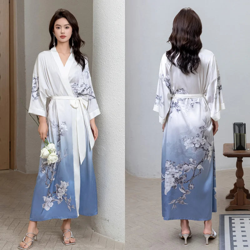 Women Ice Silk Rayon Home Dress Black Print Flower Long Robe Nightgown Spring Summer Half Sleeve Kimono Bathrobe Gown
