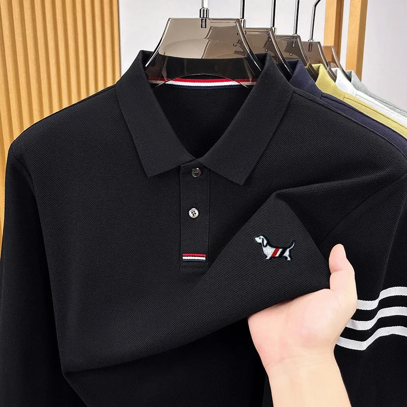 Best Seller 100% Cotton Man Long-Sleeved Polo Shirt Lapel Button Dog Embroidery Autumn Winter New Tops Leisure Men's Clothing