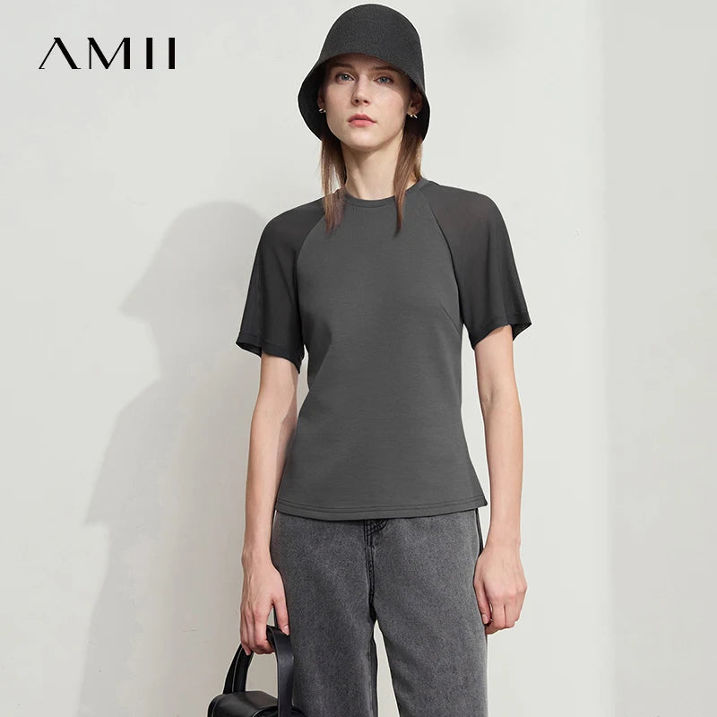 Amii Women Minimalist Summer Top 2026 New Style Versatile O-Neck Mesh Yarn Air Layer Slim Fit Slimming Casual T-Shirt 12522152
