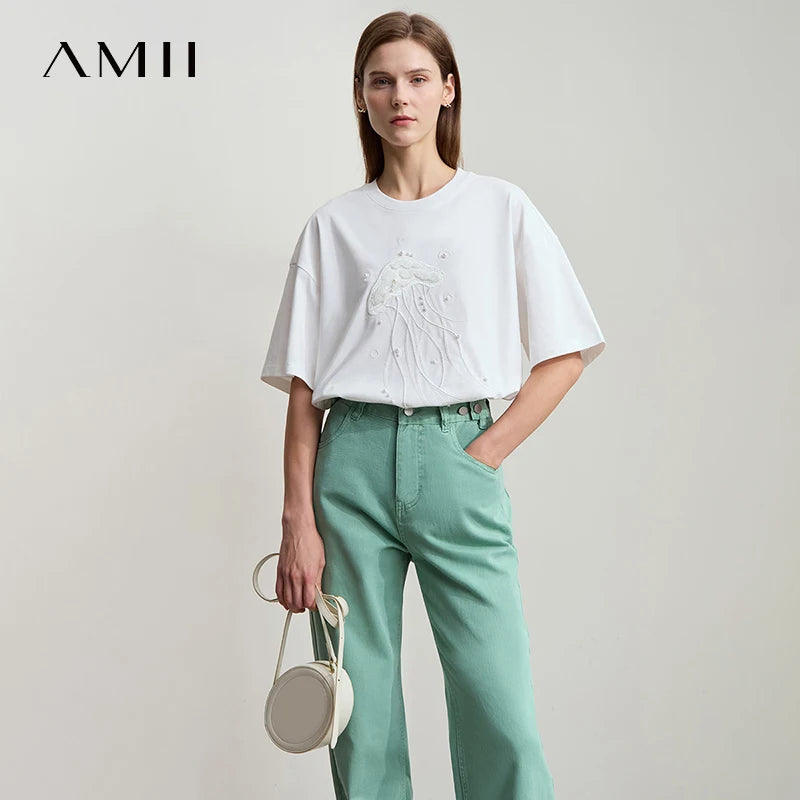 Amii Minimalist Casual Light Luxury T-shirt Women 2026 Summer New Loose O-neck Marine Embroidery Beaded Cool Tees Tops 12542148