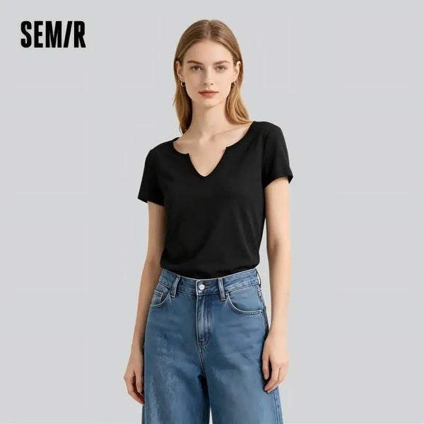 អាវយឺតស្ត្រី Semir ឆ្នាំ ២០២៦ ខ្លីស្តើង ធ្វើពីកប្បាស លីនីន រឹង ស្មាធម្មតា ឆើតឆាយ ធម្មតា ទន់