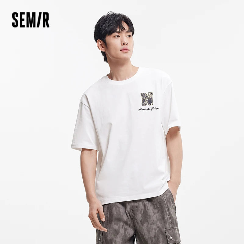 Semir Mens Tshirt 2026 Camouflage Letter Printed Knitted Outdoor Trendy Loose Crew Neck Casual