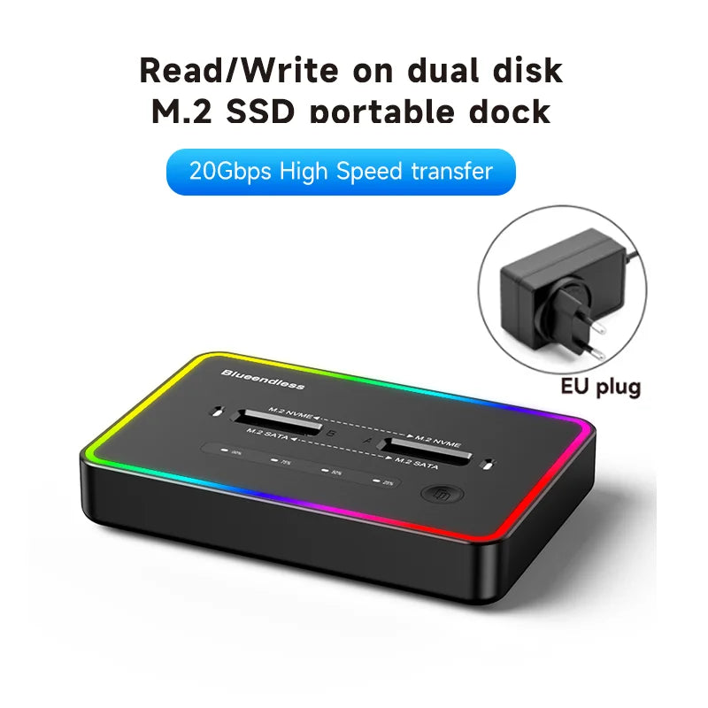 ប្រអប់ SSD M.2 ប្រភេទ SSD ប្រភេទ C 10Gbps សម្រាប់ភ្ជាប់ SSD ប្រភេទ PCIe NVMe ឬ SATA 2 Bay ដោយគ្មានអ៊ីនធឺណិត Blueendless