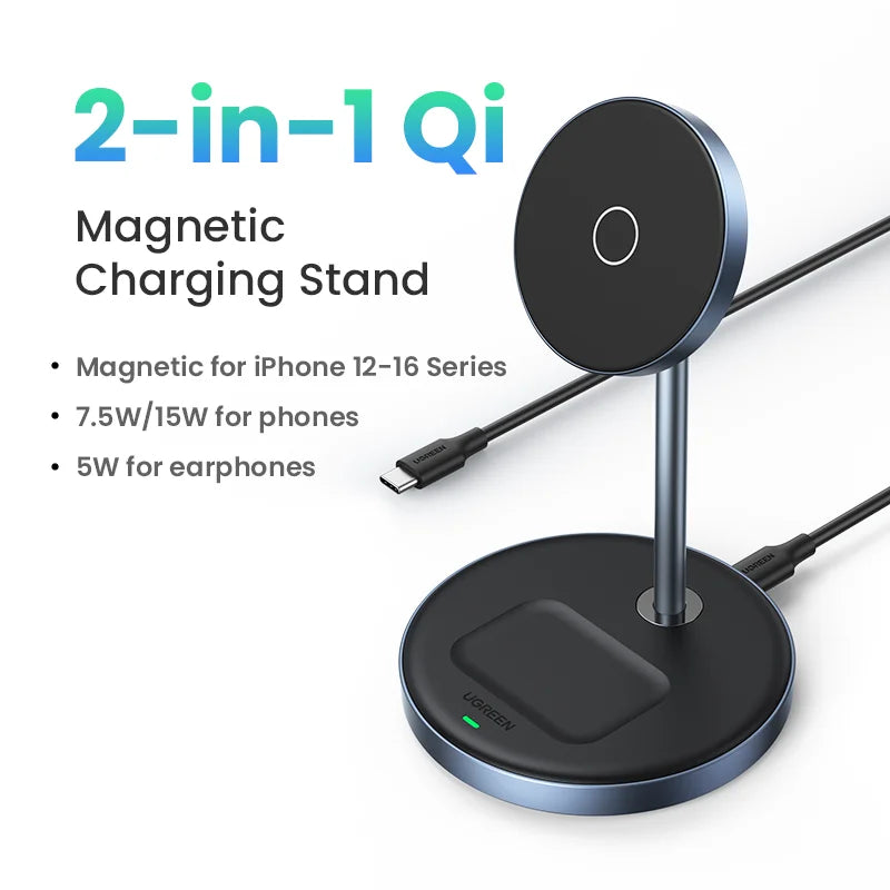 UGREEN Magnetic Wireless Charger Stand 15W Max 2-in-1 Charging Stand For iPhone 16 17 Pro Max/iPhone 14/AirPods Fast Charger