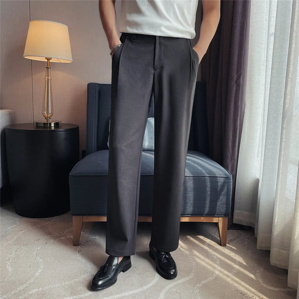 Men's Old Money Style Straight-Leg Trousers – Wrinkle-Resistant Drapey Fabric with Elastic Waist for Summer