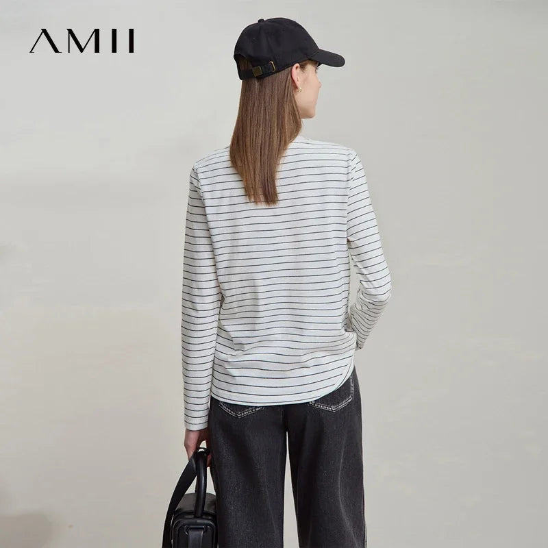 អាវយឺតដៃវែង Amii Minimalist សម្រាប់ស្ត្រី រដូវស្លឹកឈើជ្រុះឆ្នាំ ២០២៥ កអាវមូលថ្មី កប្បាសឆ្នូតប៉ាក់ សម្រាប់ស្ត្រី 12511094