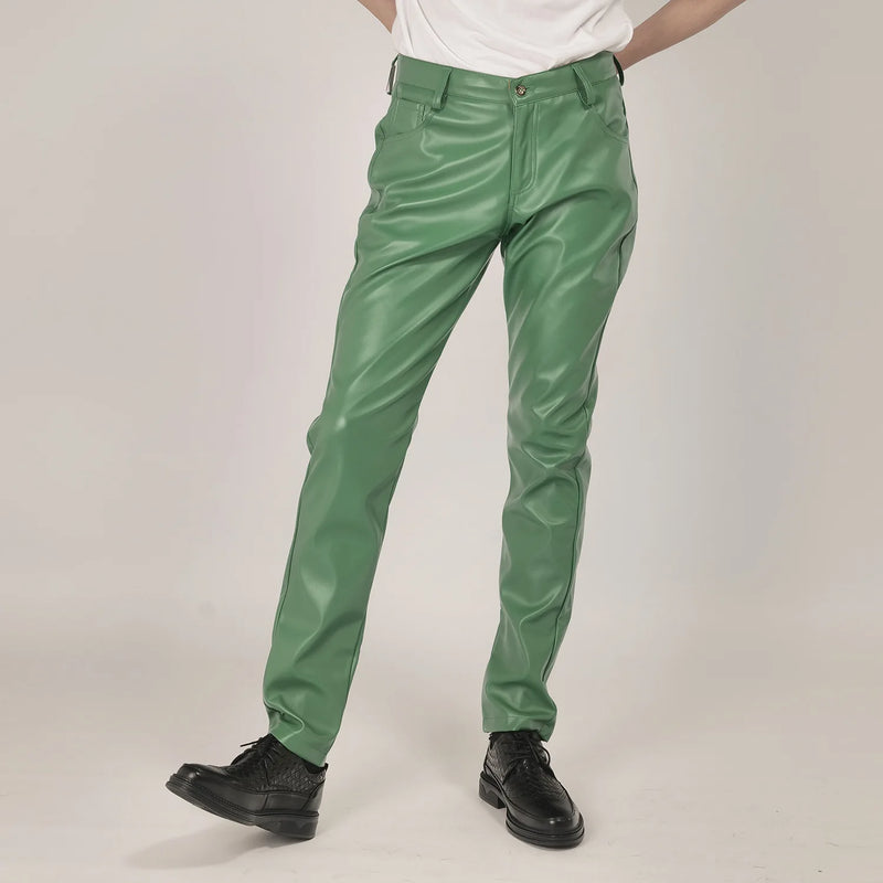 New Fall Collection: Men's Purple PU Pants—Fitted Faux Leather Motorcycle Trousers Available in Black,Blue,Green,Red,Gray,Khaki.