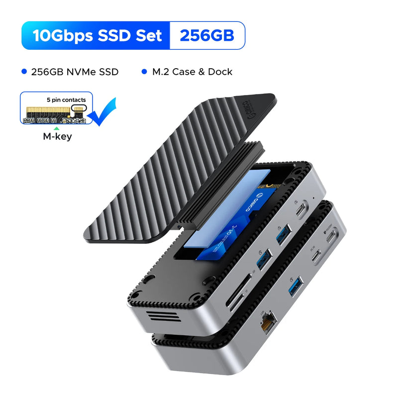 ORICO M2P7 USB C HUB with Cooling Fan M.2 NVMe SATA SSD Enclosure External 10Gbps HDMI-Com RJ45 SDTF Docking Station