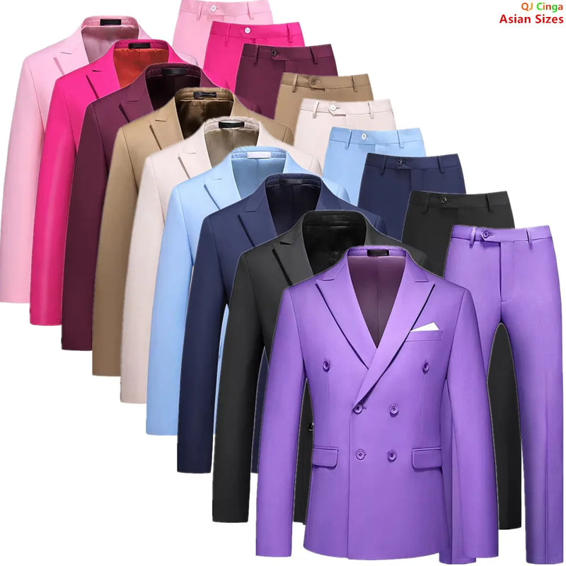 Purple Men's Two-piece Suit,Slim Fit in Asian Sizes,Perfect for Weddings,Parties,and The Office.Red,Blue,Gray,Black,Yellow,Green