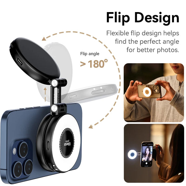ភ្លើងវីដេអូ Ulanzi LM19 MagSafe ភ្លើងថតរូប Selfie ពីរពណ៌សម្រាប់ iPhone 16 15 14 Pro Max ភ្លើងបំពេញត្រឡប់ជាជើងទម្រទូរស័ព្ទសម្រាប់វីដេអូ Vlog