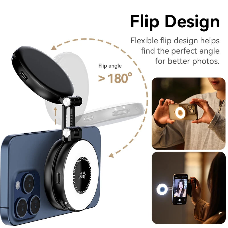 ភ្លើងវីដេអូ Ulanzi LM19 MagSafe ភ្លើងថតរូប Selfie ពីរពណ៌សម្រាប់ iPhone 16 15 14 Pro Max ភ្លើងបំពេញត្រឡប់ជាជើងទម្រទូរស័ព្ទសម្រាប់វីដេអូ Vlog